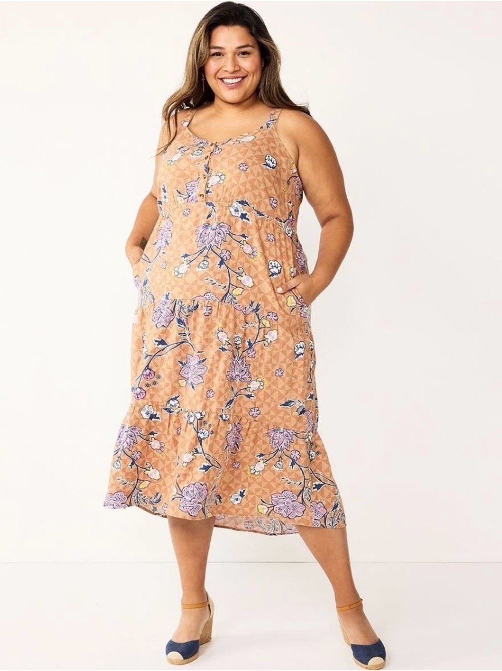 Sonoma Rust Floral Button-Front Midi Dress